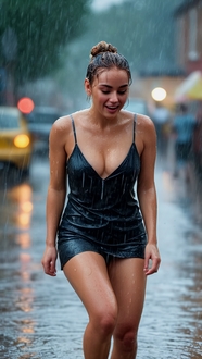 欧美下雨天街拍性感美女图片