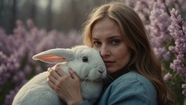 复活节抱着白色兔子的欧美美女图片