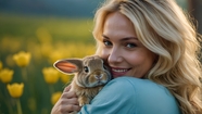 抱着可爱兔子的欧美美女图片