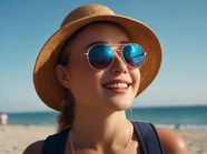 海边沙滩戴沙滩帽墨镜的美女图片