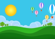 蓝天白云草地太阳热气球卡通插画图片