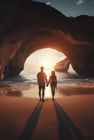 日暮黄昏海岸沙滩情侣牵手背影图片