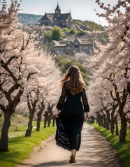 粉色樱花林美女背影写真摄影图片