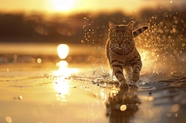 日暮黄昏河边奔跑的小猫图片