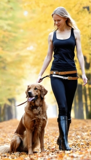 秋天树林遛狗的欧美美女图片