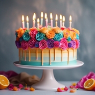五颜六色裱花奶油生日蜡烛蛋糕图片