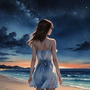 夜幕下的海边少女背影漫画图片