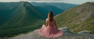 美女坐在山顶山看俯瞰风景背影图片