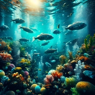 唯美蓝色深海海底世界鱼群摄影图片