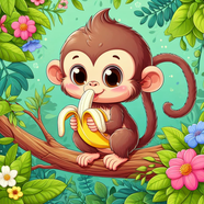小猴子树上吃香蕉卡通插画图片