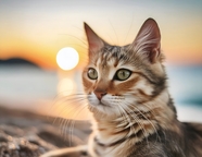 日暮黄昏海滩萌猫写真摄影图片