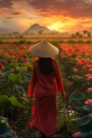 日暮黄昏红色花海越南美女背影图片