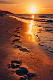 日暮黄昏海滩夕阳脚印摄影图片