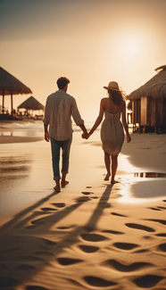 黄昏海边度假沙滩情侣手牵手背影图片
