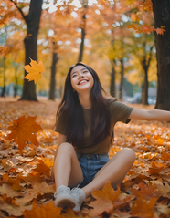 秋天树林落叶缤纷亚洲美女写真图片