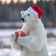 手捧礼物戴着圣诞帽的北极熊图片