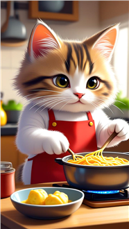 卡通猫咪煮面条插画设计图片