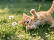 一只小花猫在草地里打滚玩耍图片