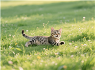 绿色草地可爱条纹猫图片