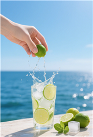 蓝色大海一杯青柠檬水图片