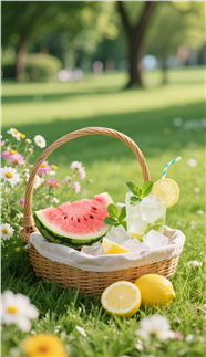 公园绿色草地冰镇柠檬西瓜摄影图片