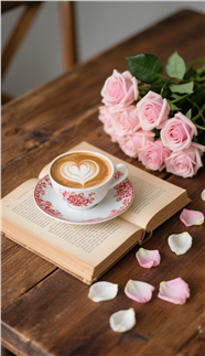 复古木桌书籍咖啡粉玫瑰摄影图片