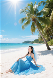 夏日海边蓝色婚纱美女写真摄影