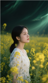 春日油菜花海碎花裙美女摄影图片