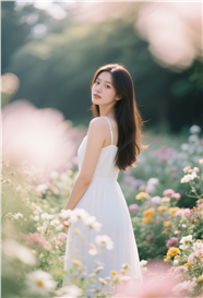 春日氛围感白色吊带连衣裙美女图片