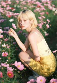 夏日粉色花海短发美女写真图片