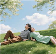 春天清新草地情侣仰望天空图片