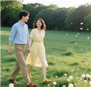 户外踏青手牵手治愈系情侣图片