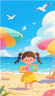 你好八月可爱卡通插画图片