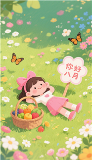 你好八月卡通插画海报设计图片