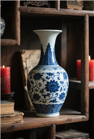 置物架上的青花瓷花瓶图片