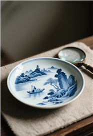 放大镜和青花瓷盘图片