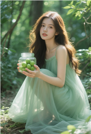 绿色树林蹲着手捧青果的美女图片