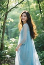 春天绿色树林蓝色纱裙美女写真图片
