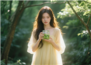 手捧青果低眸的黄色纱裙美女图片