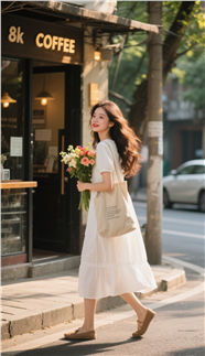 街头咖啡屋白裙少女手捧花街拍图片