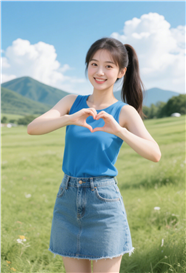 手比爱心的牛仔短裙少女图片