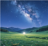 绿色草原蓝色星空摄影图片