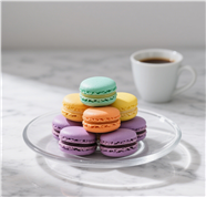 玻璃盘上摆放的彩色马卡龙图片