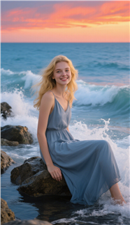 黄昏海边礁石欧美美女摄影图片