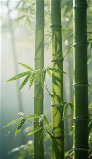 雨后晨光照耀下的绿色竹子图片