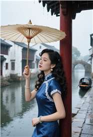 江南古镇撑着油纸伞的旗袍美女图片