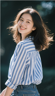 蓝白色条纹衬衫美女写真摄影图片