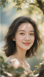 树林丛间微微一笑的美女图片