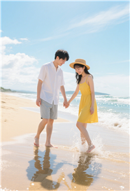 海边沙滩手拉手踏浪情侣摄影图片