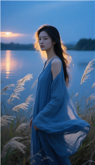 傍晚暮色降临湖边蓝色纱裙美女图片